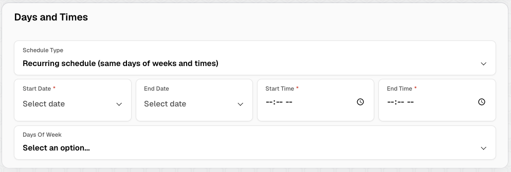 Days and Times with recurring schedule