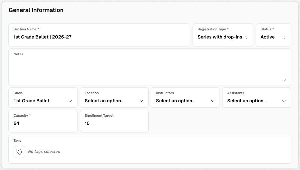 General Information section of the new section form