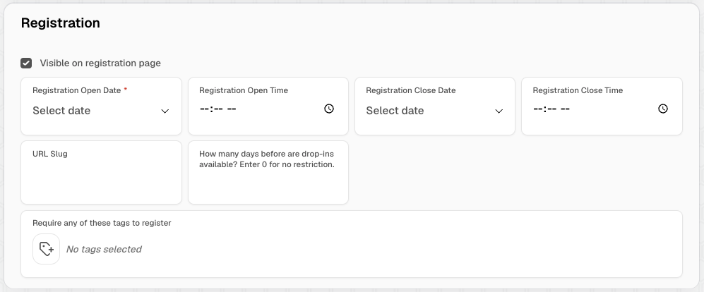 Registration settings on the new section form
